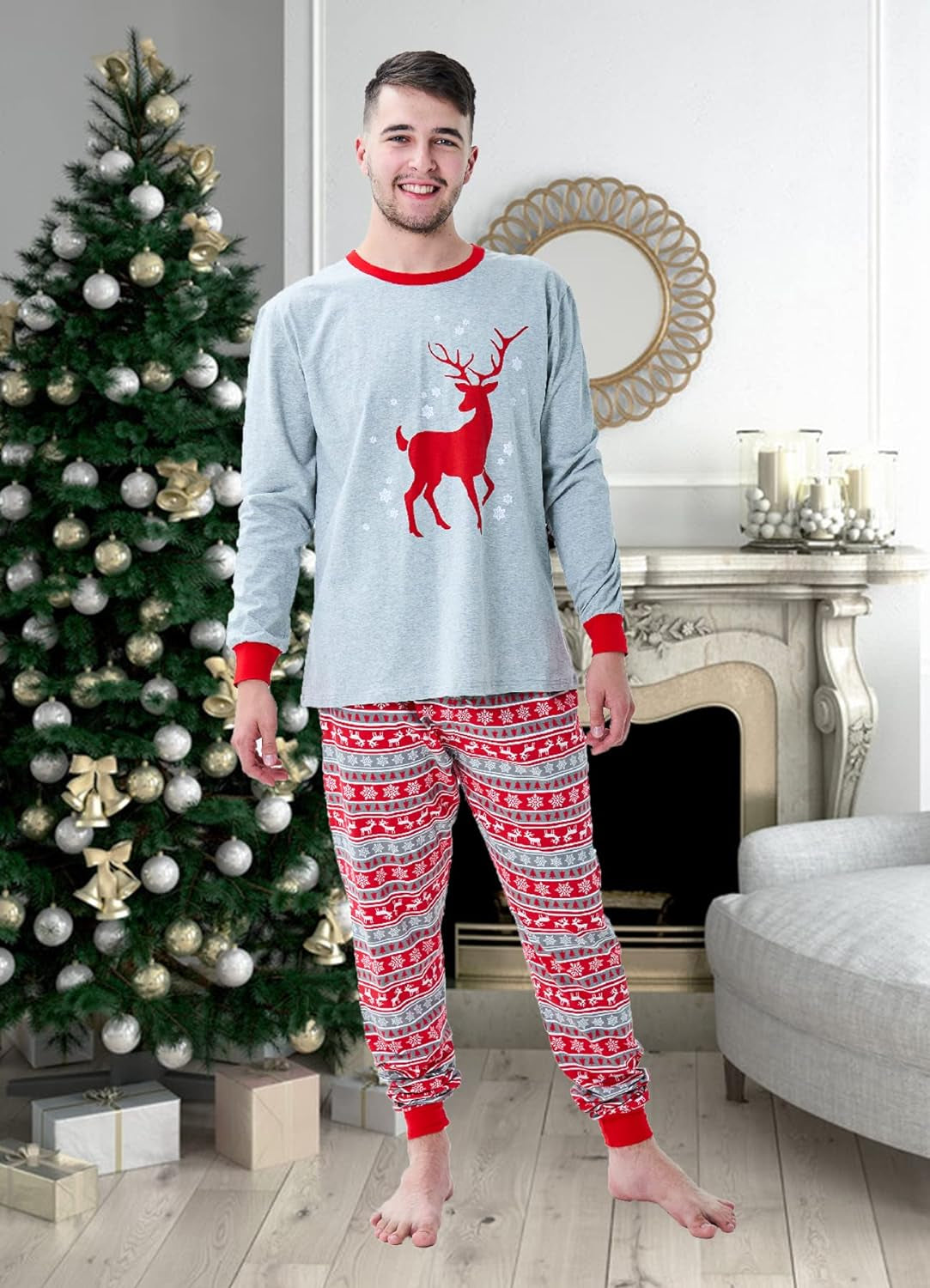 Coordinated Family Holiday Pajamas with Reindeer and Snowman Design