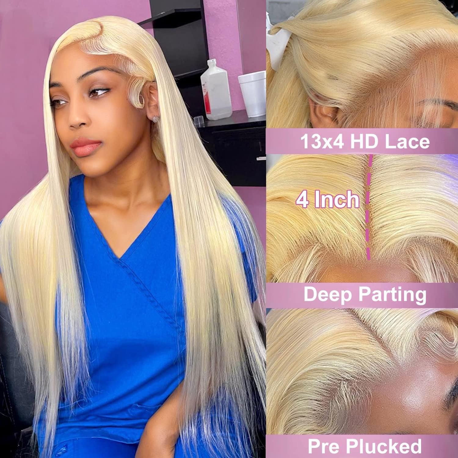 613 Blonde Lace Front Wig - 13X4 HD Transparent Lace, 180% Density, Glueless, Pre-Plucked, 34 Inch Straight Human Hair