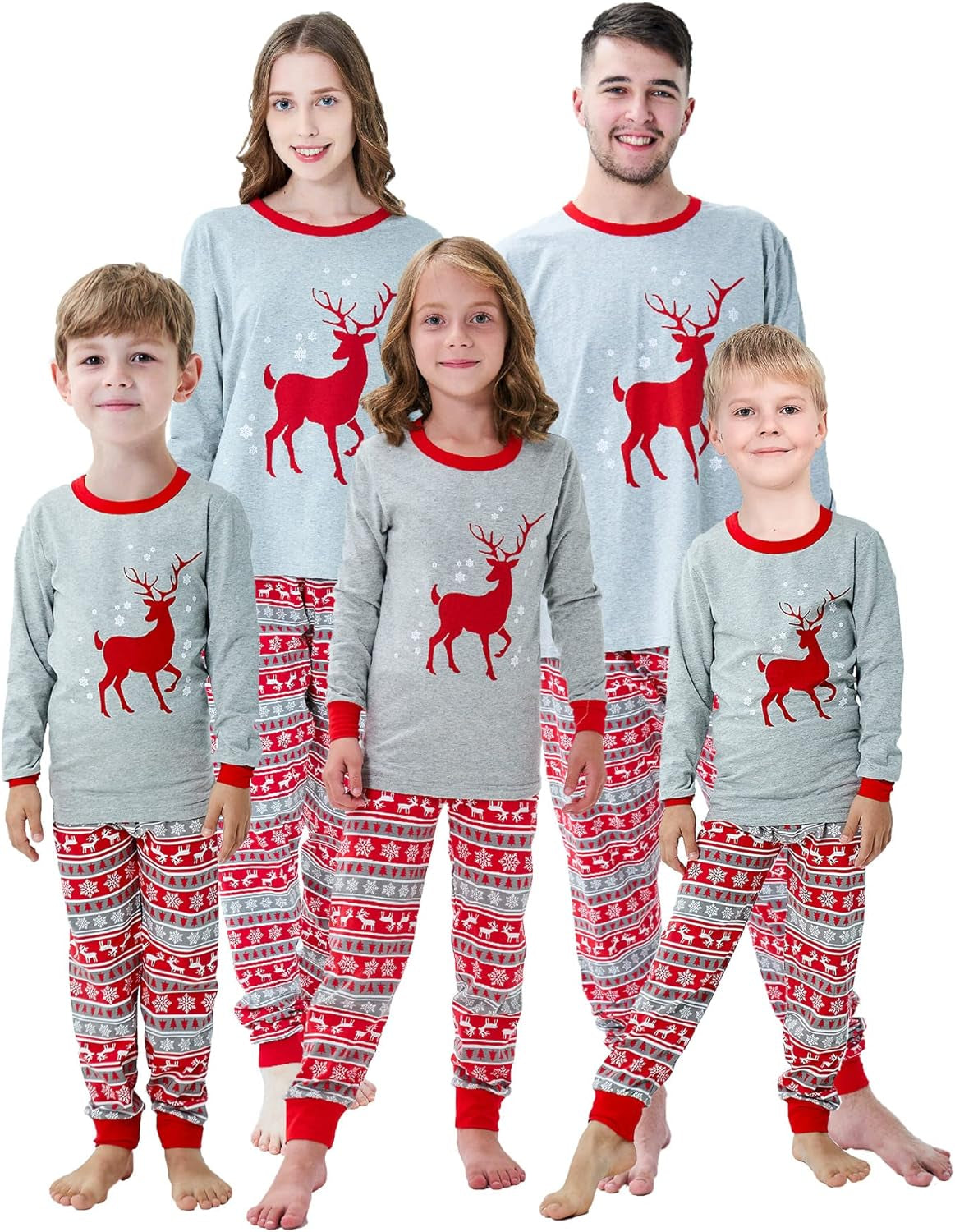 Coordinated Family Holiday Pajamas with Reindeer and Snowman Design