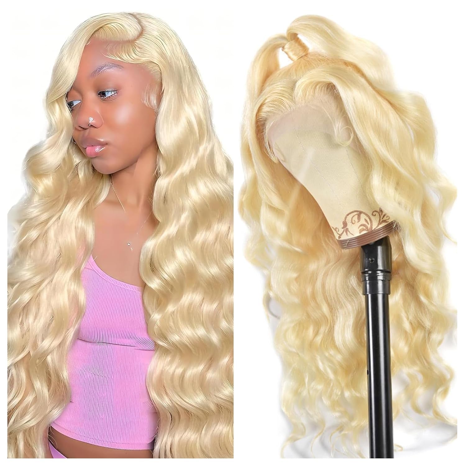 613 28-Inch 13X6 Lace Front Human Hair Wig - 200 Density Body Wave Blonde Wig with Pre-Plucked Hairline and Baby Hair for Women