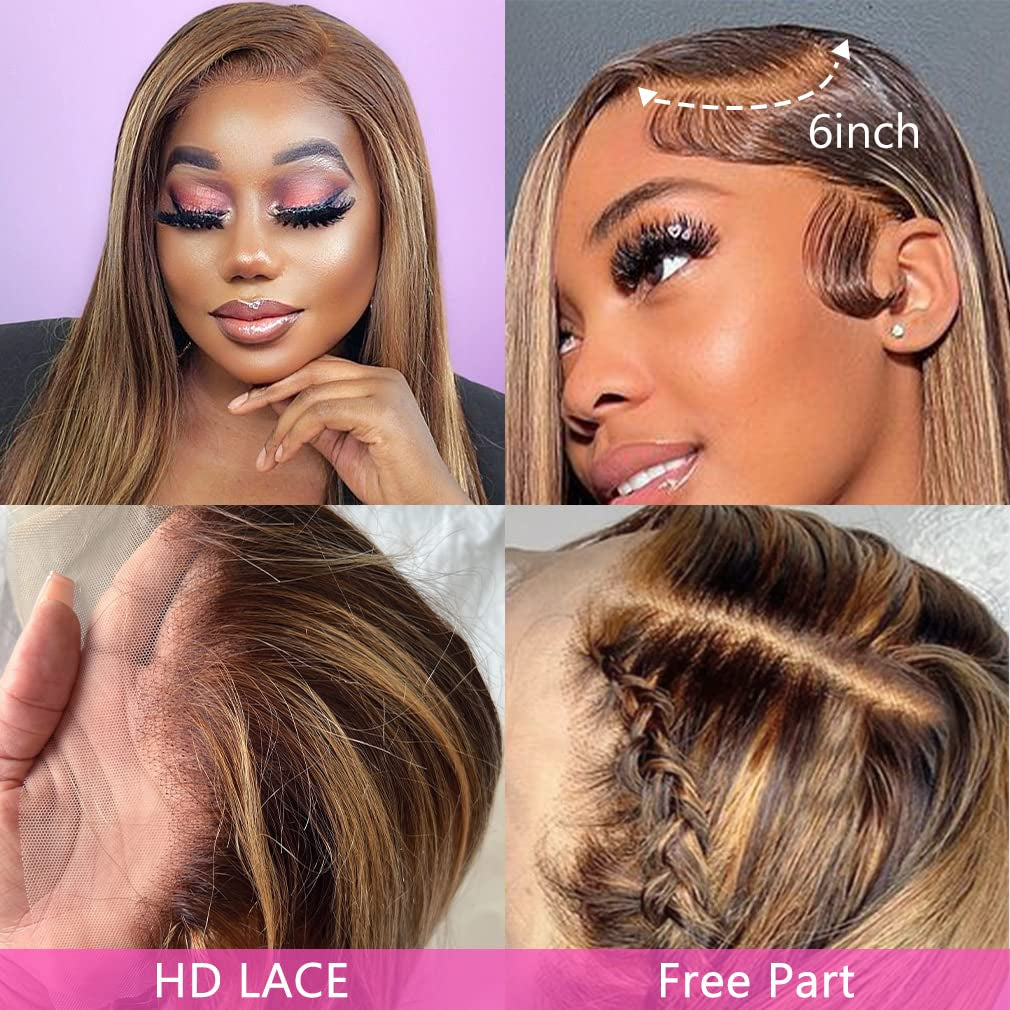 28-Inch 13X6 Ombre Highlight Lace Front Wig - 4/27 Colored Straight Human Hair with HD Transparent Lace, Pre-Plucked and Baby Hair, 180% Density, Glueless Design