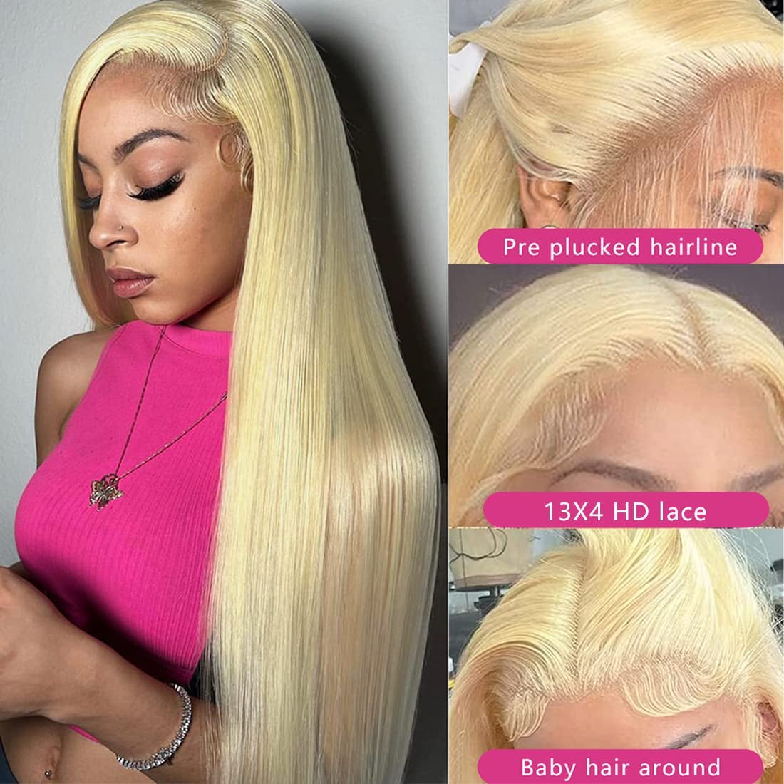 613 Blonde Lace Front Wig - 200% Density, Straight 13X4 Human Hair, 12A Brazilian HD Lace Frontal Wig with Pre-Plucked Baby Hair for Women (22 Inch)