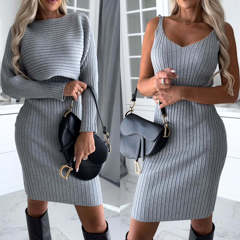 Chic Women’s 2-Piece Solid Stripe Set: Long-Sleeved Top & Sleek Suspender Skirt for Autumn/Winter Fashion