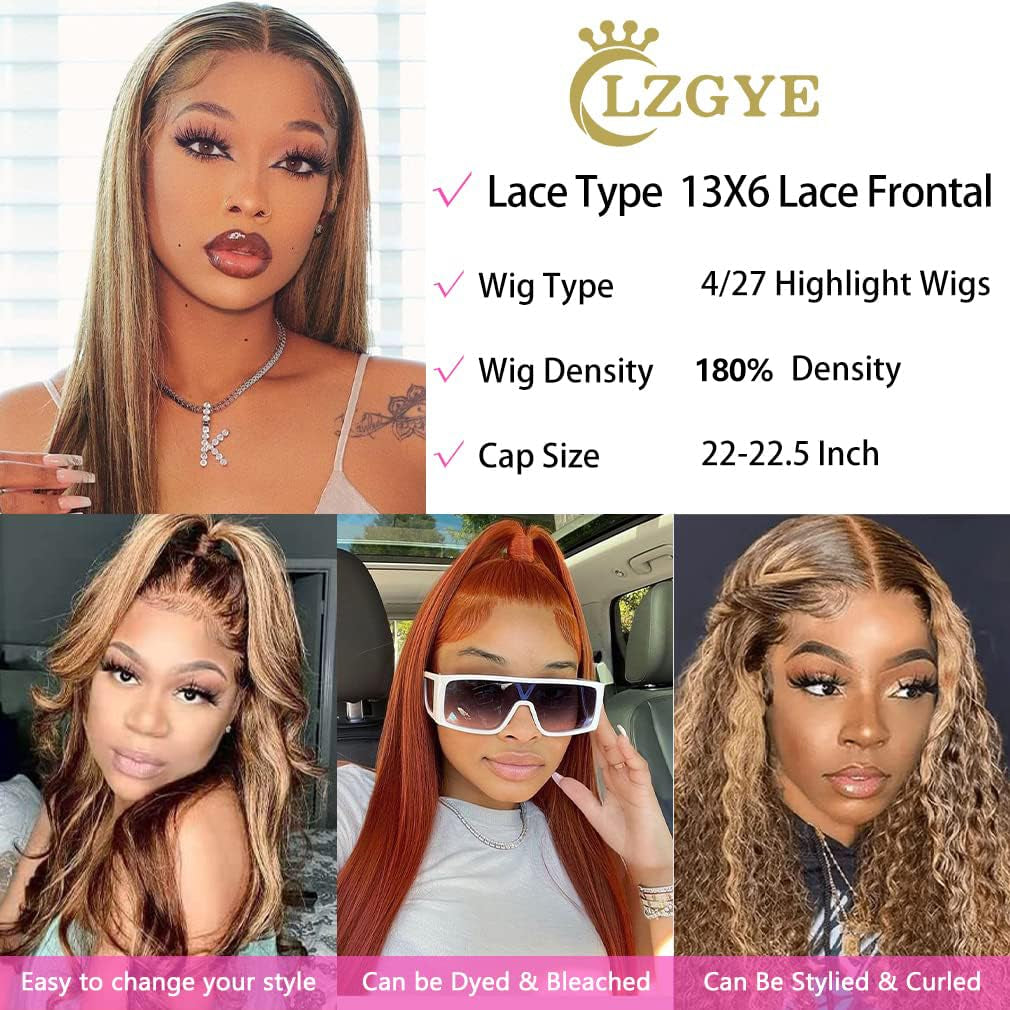 28-Inch 13X6 Ombre Highlight Lace Front Wig - 4/27 Colored Straight Human Hair with HD Transparent Lace, Pre-Plucked and Baby Hair, 180% Density, Glueless Design