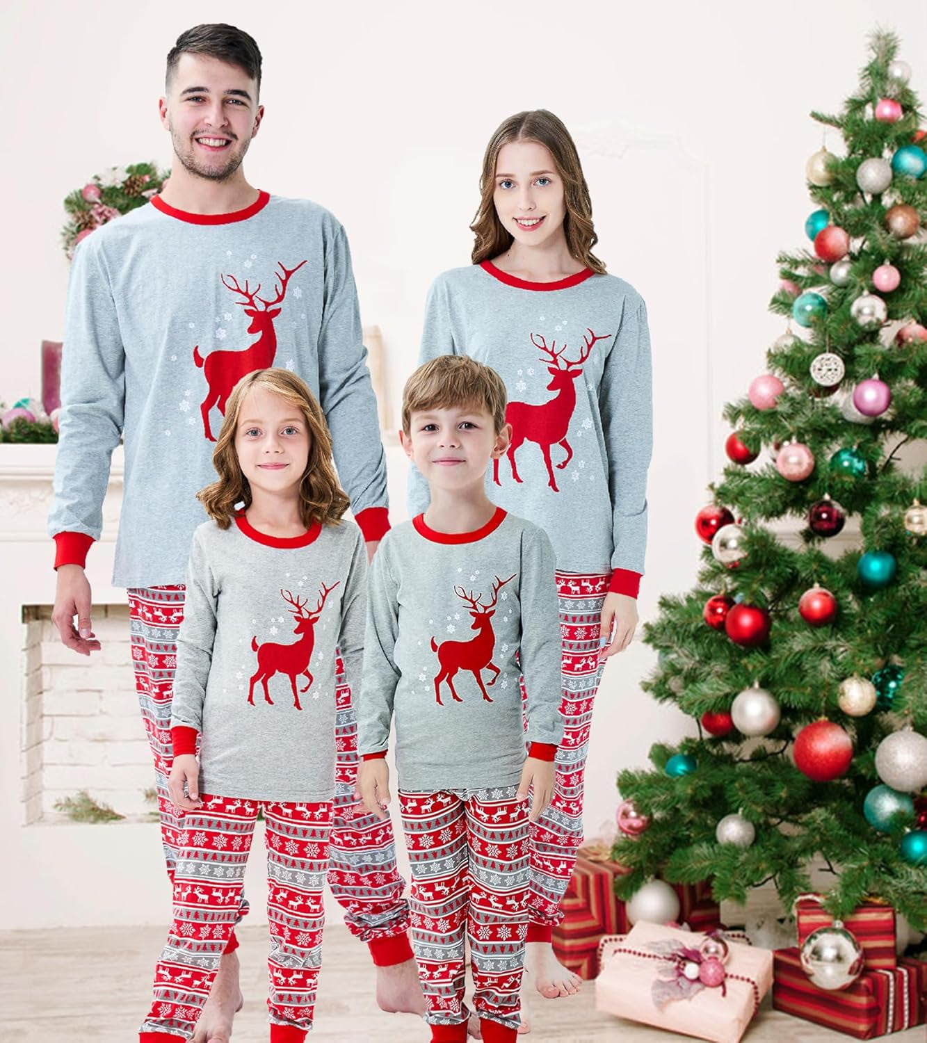 Coordinated Family Holiday Pajamas with Reindeer and Snowman Design