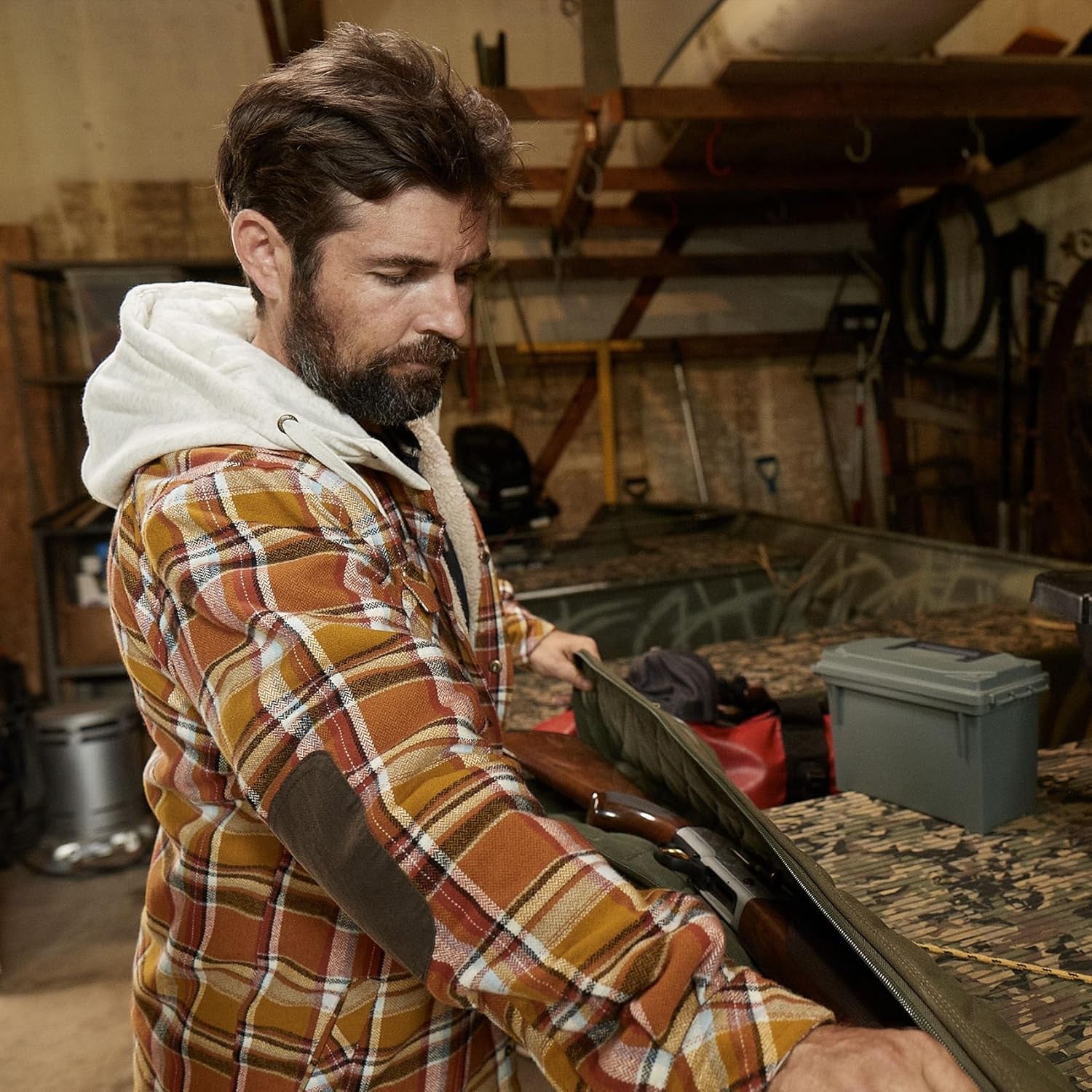 Men's Hooded Flannel Shirt Jacket with Berber Lining for Camp Nights