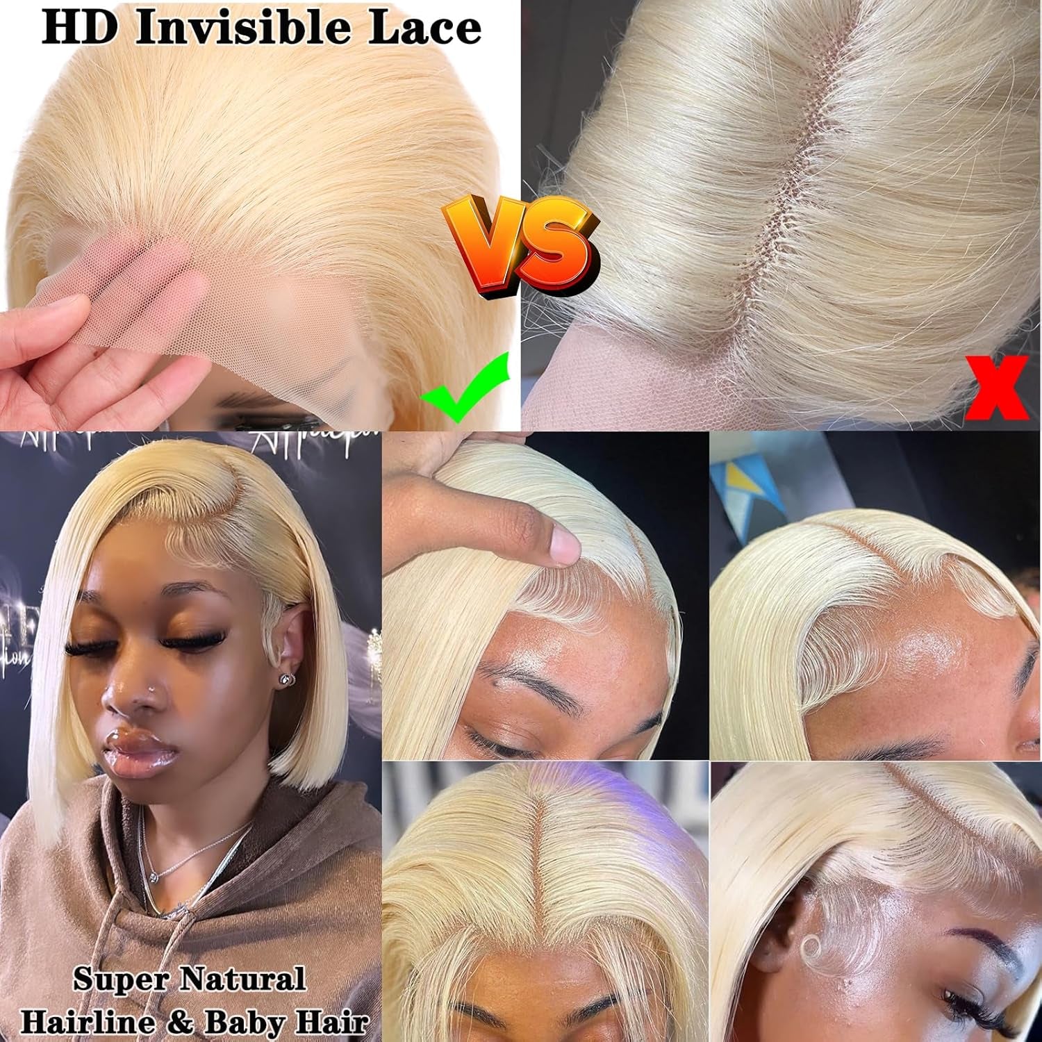 613 Blonde Human Hair Lace Front Wig - 13x4 HD Transparent, Pre-Plucked with Baby Hair, 180% Density, 8 Inch Straight Bob for Women