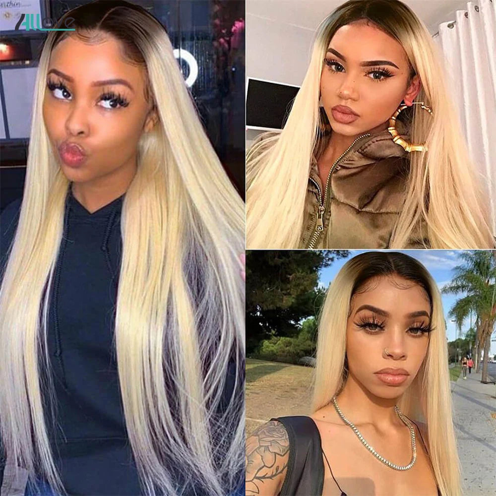 Allove 1B 613 Ombre Lace Front Wig 613 Straight Lace Front Wig Human Hair 13X4 30 Inch Lace Front Wig Transparent Blonde Wig