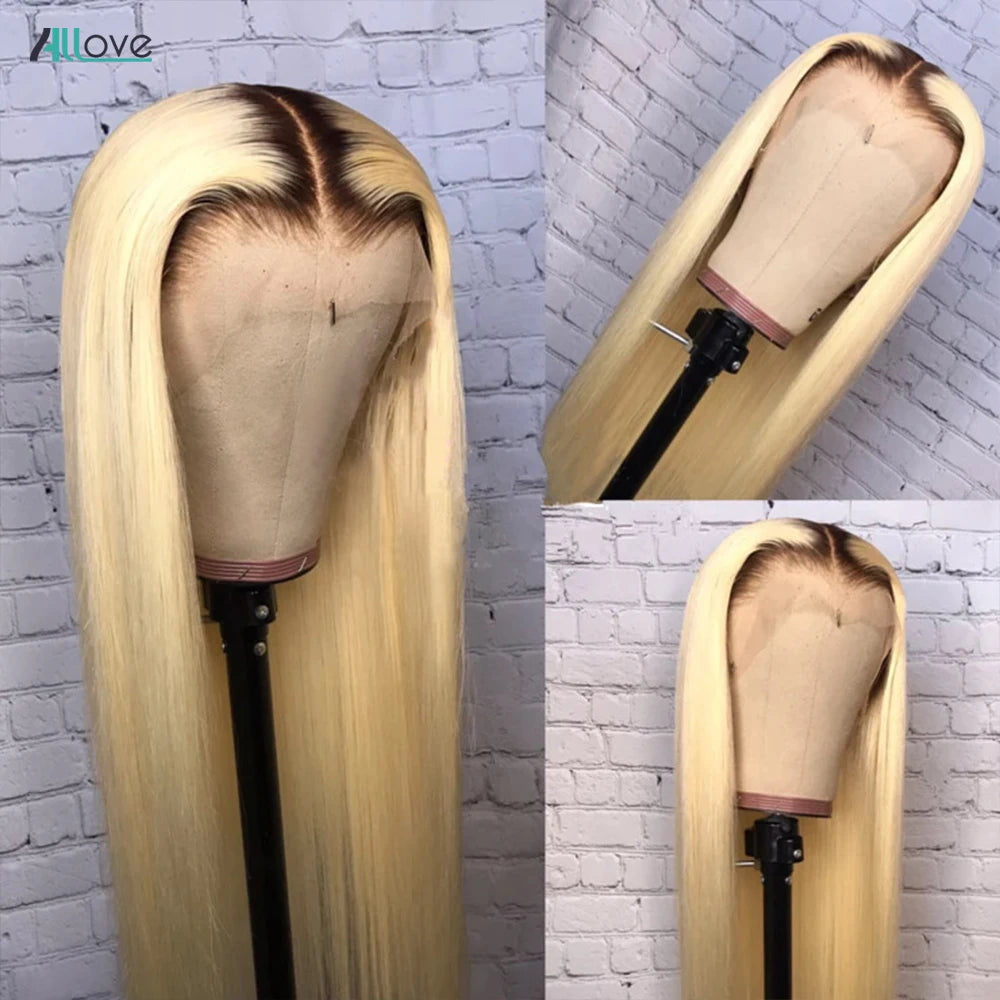 Allove 1B 613 Ombre Lace Front Wig 613 Straight Lace Front Wig Human Hair 13X4 30 Inch Lace Front Wig Transparent Blonde Wig