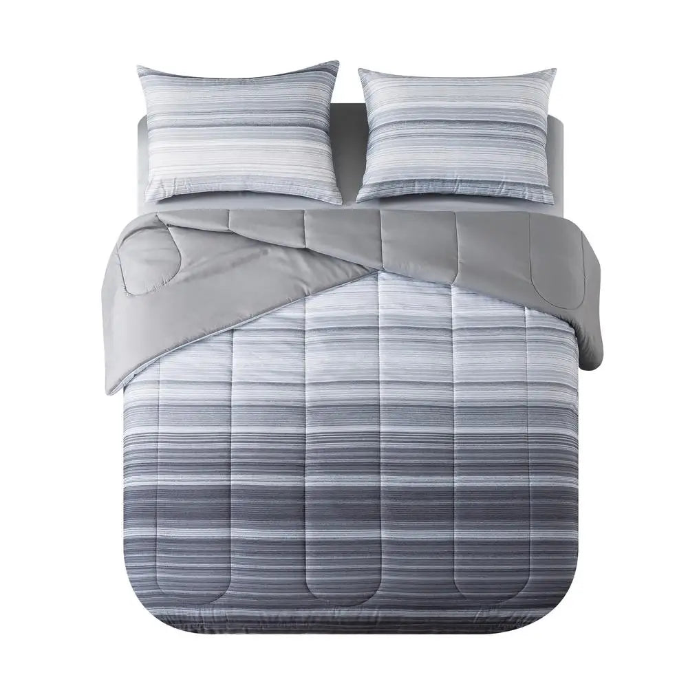 Grey Ombre Stripe Bedding Set Comforter Pillow Shams Sheets Storage Bag Polyester Washable Queen King Twin Full Soft Reversible