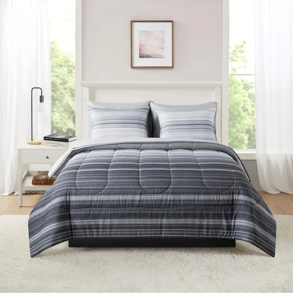 Grey Ombre Stripe Bedding Set Comforter Pillow Shams Sheets Storage Bag Polyester Washable Queen King Twin Full Soft Reversible