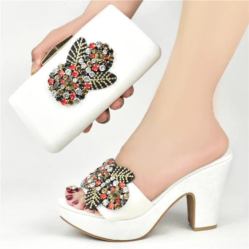 New Latest Design Italian Shoes with Matching Bags Set Decorated with Rhinestone African Shoes for Women High Heels Party Pumps