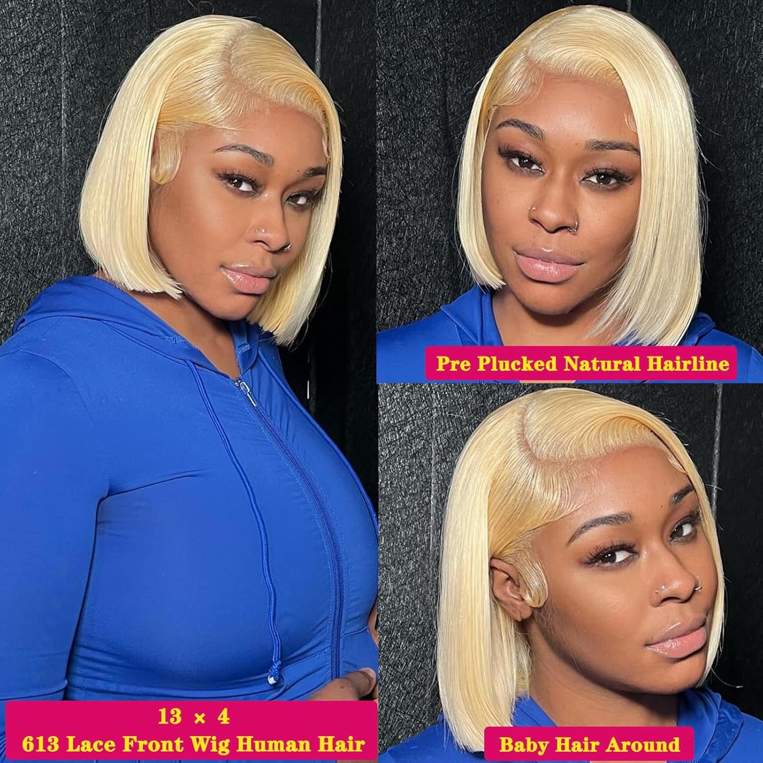 613 Blonde Human Hair Lace Front Wig - 13x4 HD Transparent, Pre-Plucked with Baby Hair, 180% Density, 8 Inch Straight Bob for Women