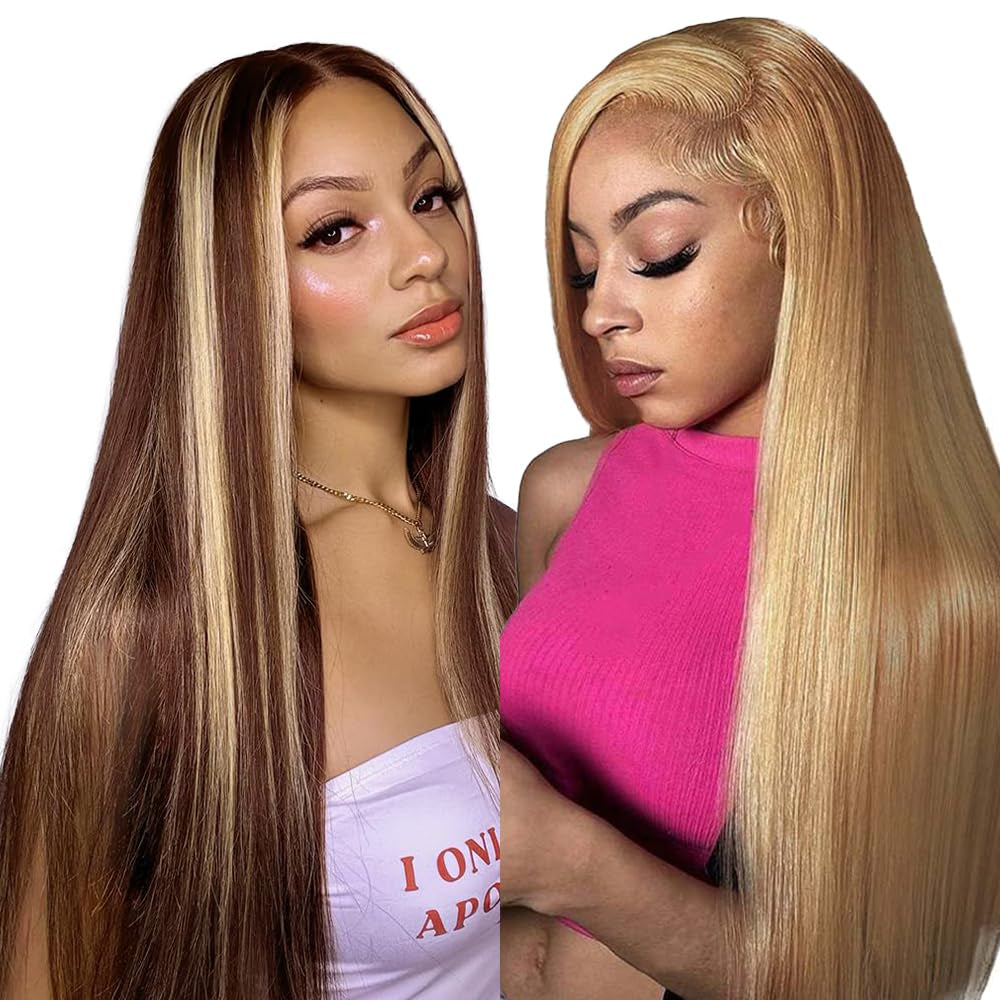 28-Inch 13X6 Ombre Highlight Lace Front Wig - 4/27 Colored Straight Human Hair with HD Transparent Lace, Pre-Plucked and Baby Hair, 180% Density, Glueless Design