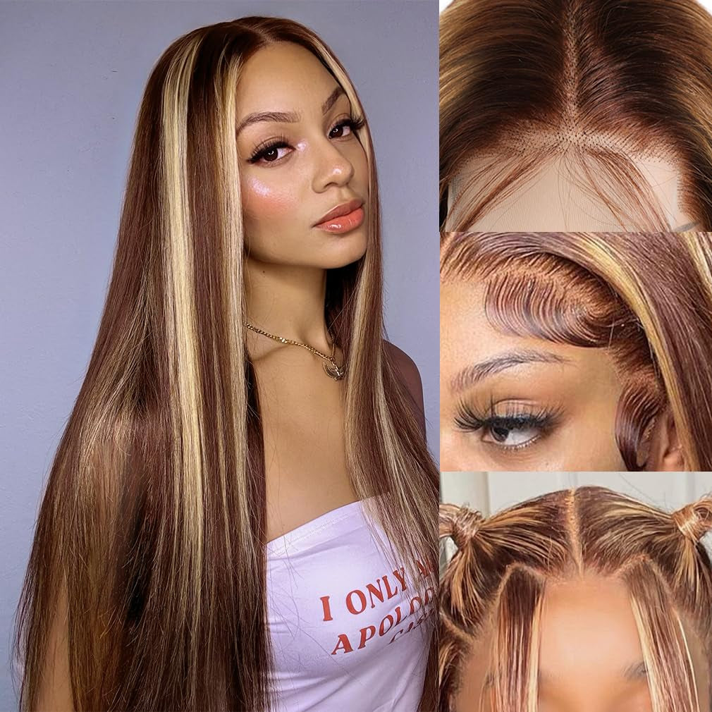 28-Inch 13X6 Ombre Highlight Lace Front Wig - 4/27 Colored Straight Human Hair with HD Transparent Lace, Pre-Plucked and Baby Hair, 180% Density, Glueless Design