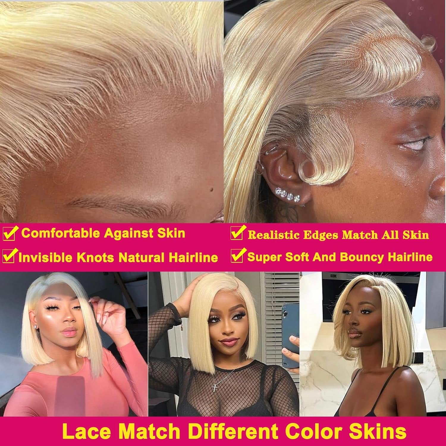 613 Blonde Human Hair Lace Front Wig - 13x4 HD Transparent, Pre-Plucked with Baby Hair, 180% Density, 8 Inch Straight Bob for Women