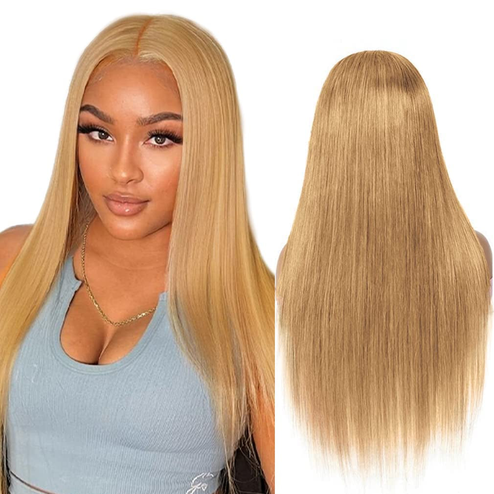 28-Inch 13X6 Ombre Highlight Lace Front Wig - 4/27 Colored Straight Human Hair with HD Transparent Lace, Pre-Plucked and Baby Hair, 180% Density, Glueless Design