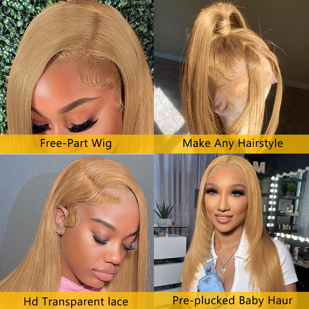 28-Inch 13X6 Ombre Highlight Lace Front Wig - 4/27 Colored Straight Human Hair with HD Transparent Lace, Pre-Plucked and Baby Hair, 180% Density, Glueless Design