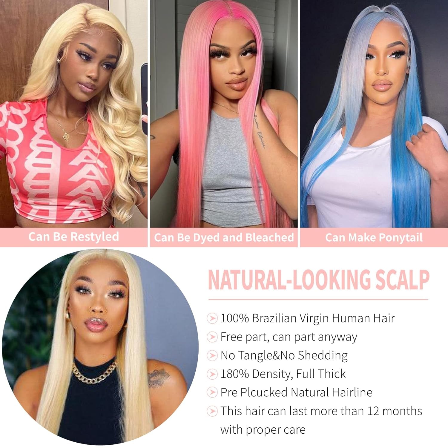 613 Blonde Lace Front Wig - 200% Density, Straight 13X4 Human Hair, 12A Brazilian HD Lace Frontal Wig with Pre-Plucked Baby Hair for Women (22 Inch)