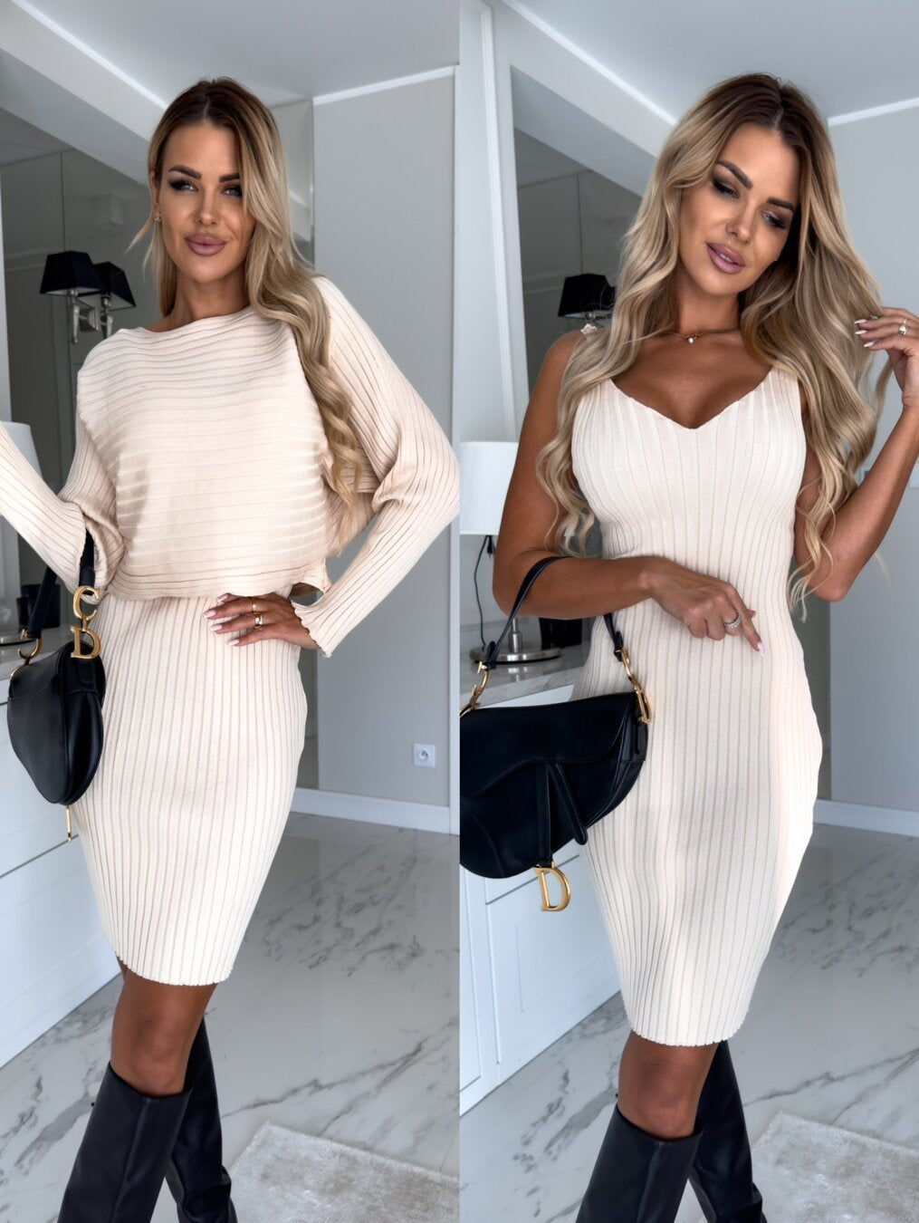 Chic Women’s 2-Piece Solid Stripe Set: Long-Sleeved Top & Sleek Suspender Skirt for Autumn/Winter Fashion